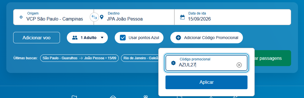 A Azul Fidelidade liberou uma nova campanha com descontos de até 30% no resgate de passagens nacionais e 15% nas internacionais com pontos. A oferta vale até domingo, 23 de agosto, ou enquanto houver disponibilidade, e os voos podem ser entre 1º de setembro e 30 de novembro de 2026, com alguns períodos de exclusão.

Os códigos variam conforme o nível do cliente: AZUL10, AZUL17, AZUL23, AZUL27 e AZUL30 para voos domésticos, além de AZULINTER15 para rotas internacionais. Basta aplicar o cupom na hora da emissão no site da Azul e aproveitar a economia na próxima viagem.