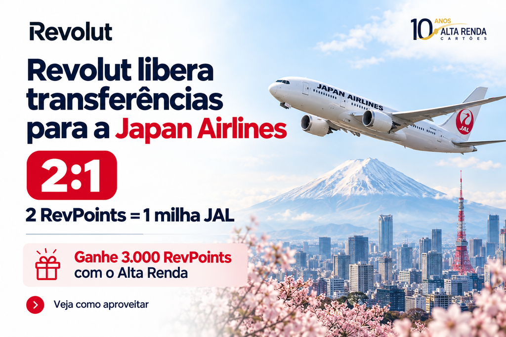 A Revolut adicionou a Japan Airlines como parceira de transferência dos RevPoints, permitindo converter 2 RevPoints em 1 milha no JAL Mileage Bank. A opção abre um novo caminho para transformar gastos elegíveis em voos para o Japão e em companhias parceiras como American Airlines, British Airways, Iberia, Cathay Pacific e Finnair.

A Emirates Skywards também aparece para contas brasileiras com a mesma paridade 2:1, conforme a informação divulgada. Cartões Metal e Ultra acumulam 2,5 ou 3 RevPoints por US$ 1 em compras elegíveis, pontos que depois alimentam a estratégia de transferência.

Novos clientes elegíveis ainda podem ganhar 3.000 RevPoints de bônus na promoção Revolut x Alta Renda. As transferências são definitivas e a disponibilidade de assentos depende do programa, então confira o aplicativo e planeje antes de mover seus pontos.