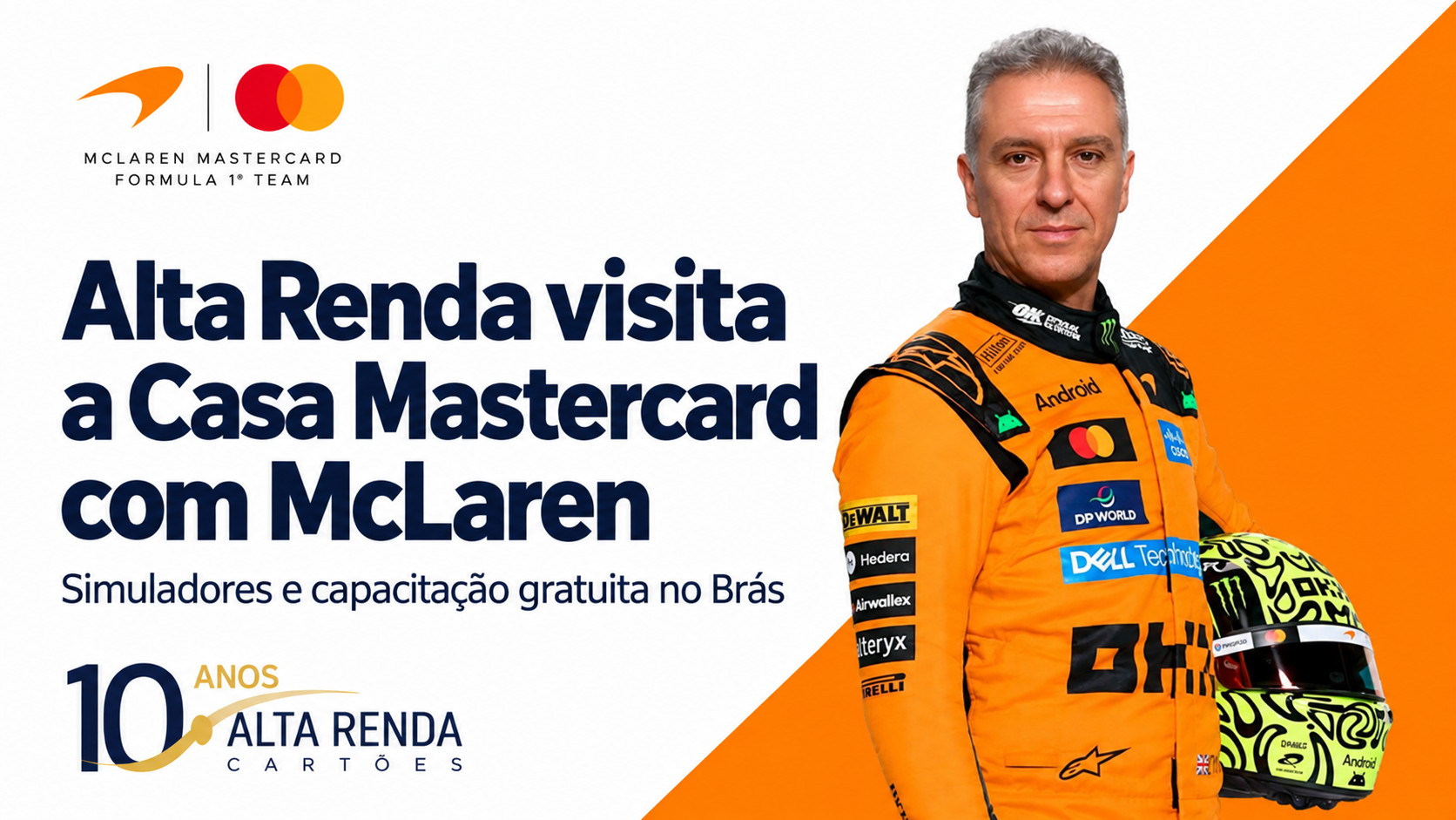 A Mastercard está transformando a energia da Fórmula 1 em uma experiência prática de negócios em São Paulo. A Casa Mastercard com a McLaren Mastercard Formula 1 Team ocupa o rooftop do Shopping Vautier Premium, no Brás, até 5 de novembro de 2026, com simuladores de corrida, cabine de fotos 360 graus, imagens com inteligência artificial e réplicas dos equipamentos de Lando Norris e Oscar Piastri.

Com entrada gratuita e acesso sujeito a regras específicas, o espaço também funciona como um polo para pequenos empreendedores, com cursos gratuitos e certificados sobre organização financeira, segurança digital, presença online e gestão. A Mastercard apresenta soluções como Tap on Phone, gestão com Olist, My Cyber Risk, ID Theft Box e Mastercard Surpreenda Empresas, unindo o fascínio da F1 a pagamentos digitais e proteção para negócios.