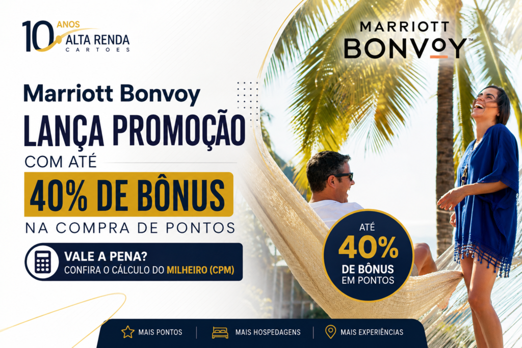 O Marriott Bonvoy acaba de agitar o mundo das milhas com uma oferta limitada imperdível: até 40% de bônus na compra de pontos e limite anual ampliado para 200 mil pontos até 9 de setembro de 2026. Se você está de olho em uma hospedagem de luxo ou quer completar o saldo para uma emissão, essa é a hora de agir.

E a matemática empolga: comprando 40 mil pontos, você recebe 56 mil por USD 500, o que dá um CPM de cerca de USD 8,93. Com a quinta noite grátis do programa, o valor fica ainda melhor. Para não perder dinheiro no câmbio, vale usar uma conta global como Nomad ou Wise, com IOF reduzido e spread menor — assim seu custo final em reais despenca e sobra mais orçamento para aproveitar a viagem.