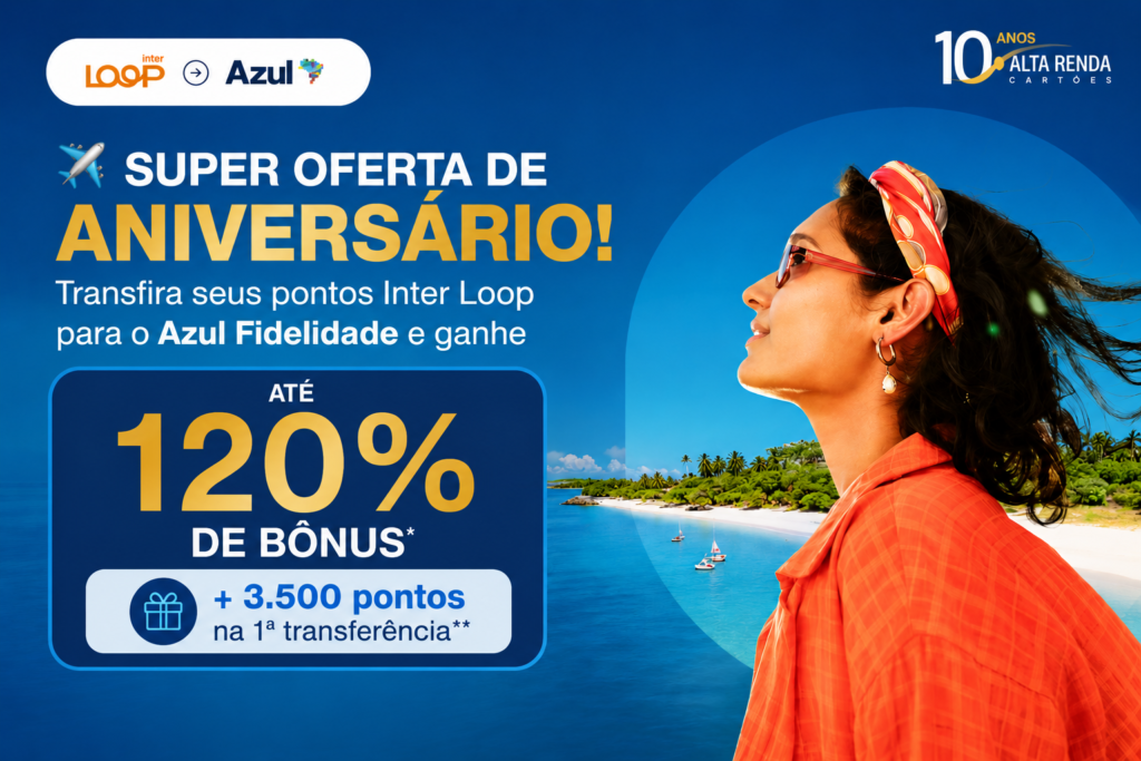O Azul Fidelidade está comemorando 17 anos com uma promoção relâmpago que garante até 120% de bônus na transferência de pontos do Inter Loop, do Banco Inter. Todos os clientes recebem 60% de bônus, assinantes do Clube Azul sobem para 90% e membros antigos podem acumular até 30% extras.

Ainda há um bônus de 3.500 pontos para quem faz a primeira transferência, mas a oferta só vale até 27 de agosto. Acesse a página oficial da campanha, cadastre seu CPF e transfira seus pontos antes que o prazo termine.