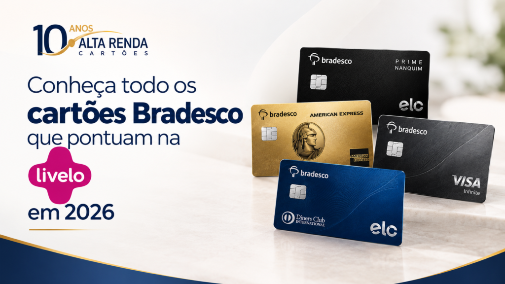 O Bradesco tem vários cartões que pontuam na Livelo em 2026, mas nem todos acumulam igual. Dependendo do cartão e do local da compra, cada dólar gasto pode render de 1 a 7 pontos, e essa diferença pode significar uma viagem de graça ou uma oportunidade perdida.

No topo da lista estão o Bradesco Visa Aeternum e o The Centurion Card, que chegam a 7 pontos por dólar em compras internacionais. Quer uma opção premium forte sem exigir entrada ultraexclusiva? Cartões como Prime Elo Diners Club, Prime Visa Infinite, Mastercard Black e The Platinum Card também entregam um bom potencial de acúmulo.

Antes de escolher, compare anuidade, benefícios, vantagens de viagem e metas de gasto. O cartão certo pode transformar contas do dia a dia em passagens aéreas, hotéis e experiências.