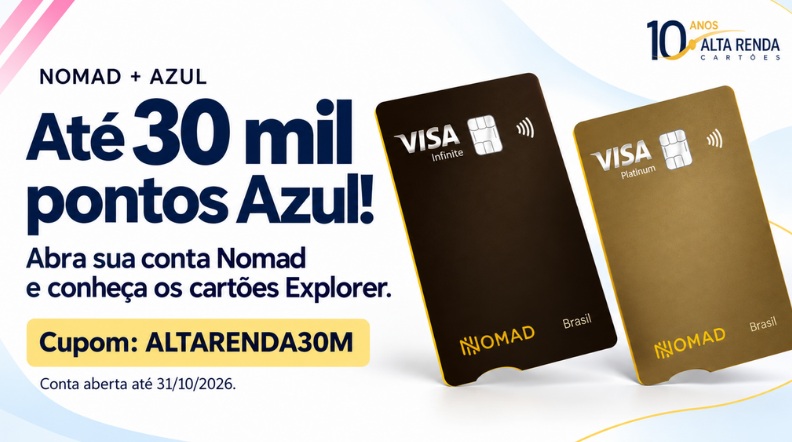 A Nomad lançou uma campanha com a Azul que pode turbinar sua próxima viagem: novos clientes que abrirem a conta com o cupom ALTARENDA30M e fizerem a primeira conversão elegível podem ganhar até 30 mil pontos Azul. A oferta exige abertura da conta até 31 de outubro de 2026 e a primeira conversão em até 15 dias após a aprovação, com valor mínimo de R$ 50.

A pontuação varia conforme a assinatura do Clube Azul: 10 pontos por dólar ou euro convertido sem o clube e 15 pontos com o clube, respeitando os limites da campanha. Para chegar ao máximo, é necessária uma primeira conversão elegível de US$ 2 mil ou € 2 mil, sujeita à cotação e aos custos da operação apresentados no aplicativo.

A campanha também destaca os cartões Nomad Explorer Visa Infinite e Visa Platinum, com benefícios como pontuação, opções de cashback em dólar e acesso ao Nomad Lounge em Guarulhos. A aprovação do cartão depende da análise da Nomad e não é garantida pela abertura da conta ou participação na promoção.