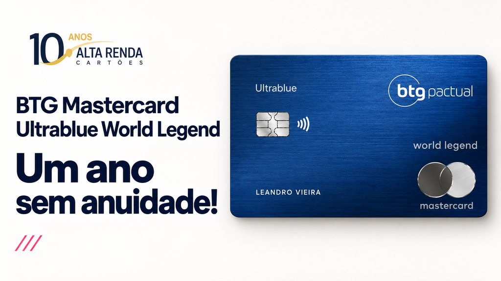 O BTG Pactual está chamando atenção com uma campanha por tempo limitado para o cartão Ultrablue World Legend: clientes elegíveis podem conquistar 12 meses de isenção na mensalidade. O detalhe que pesa é o patrimônio exigido para a promoção, de R$ 10 milhões em investimentos elegíveis, enquanto o cartão costuma ser acessível a partir de R$ 3 milhões, sujeito à análise do banco.

A oferta vale para novas contratações e upgrades feitos entre 28 de outubro e 30 de novembro de 2026. Com mensalidade divulgada de R$ 400, a campanha pode representar até R$ 4.800 de economia em 12 meses, além de benefícios como salas VIP ilimitadas LoungeKey e DragonPass, seguro viagem, IOF zero em compras internacionais e até sete cartões adicionais gratuitos.