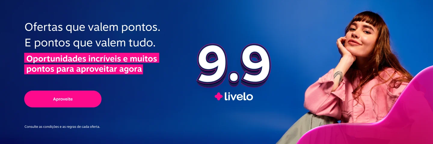 O 9.9 da Livelo chegou com tudo: somente hoje, você pode acumular até 15 pontos por real gasto em lojas como Seculus, Insider, Hope, Renner, Mizuno e Decolar. É a chance perfeita para transformar compras do dia a dia em milhas e futuras viagens.

Basta ativar a oferta do parceiro no site da Livelo antes de finalizar a compra e acompanhar o crédito dos pontos. Algumas campanhas não acumulam com cupons de afiliados e o prazo de crédito pode chegar a 40 dias, então vale ler o regulamento e registrar o processo para garantir cada ponto.